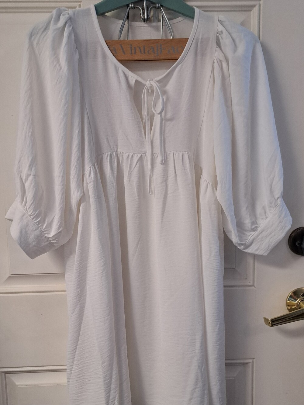 White Peasant Midi Dress with Tie Neck - Picture 1 of 7